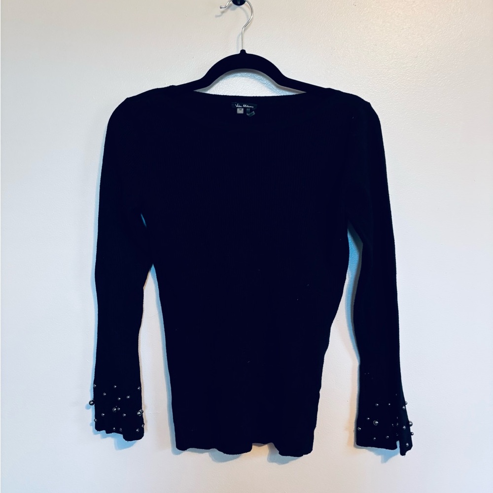 vila milano black light weight sweater, long sleeve with beads at the cuffs